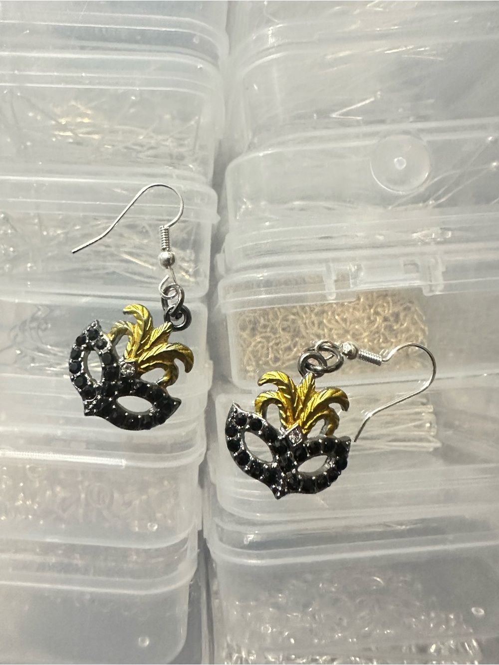 Masquerade Mask Drop Earrings in Black and Gold